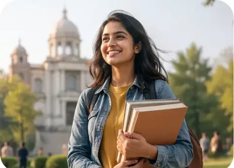 Female student holding books representing educational loan options in Ahmedabad for higher studies.