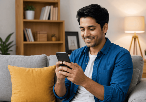 Man checking fast home loan approval status in Ahmedabad on mobile phone