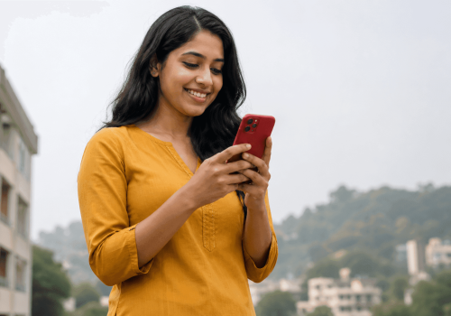 Woman exploring best home loan options in Ahmedabad on smartphone